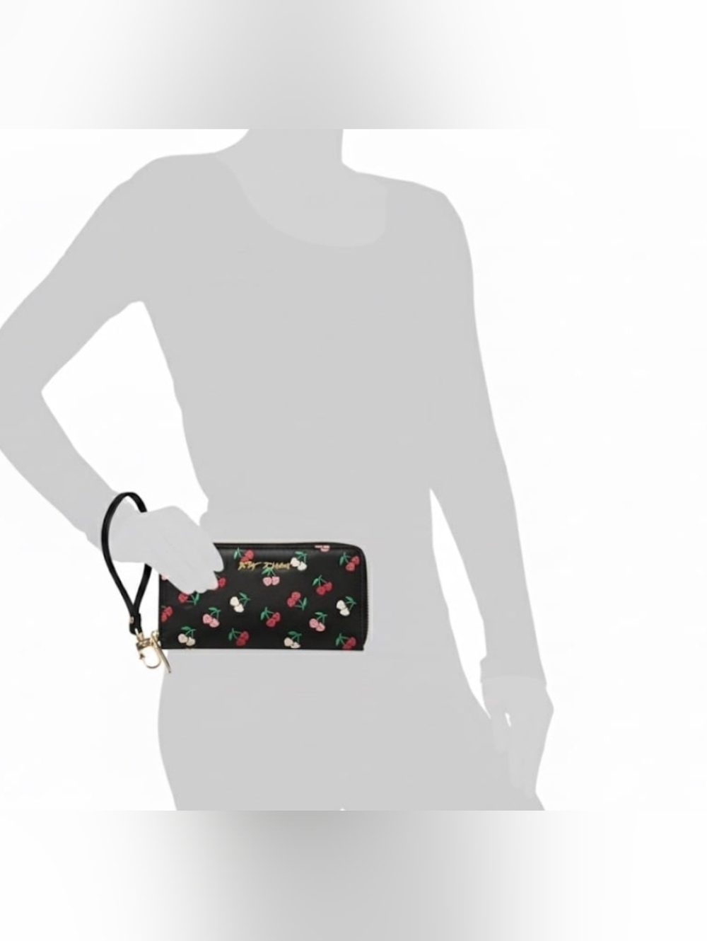 Betsey Johnson Cherry Embroidered Zip Wallet Wristlet NWT 🍒 Black | Cute Gift - Picture 5 of 6